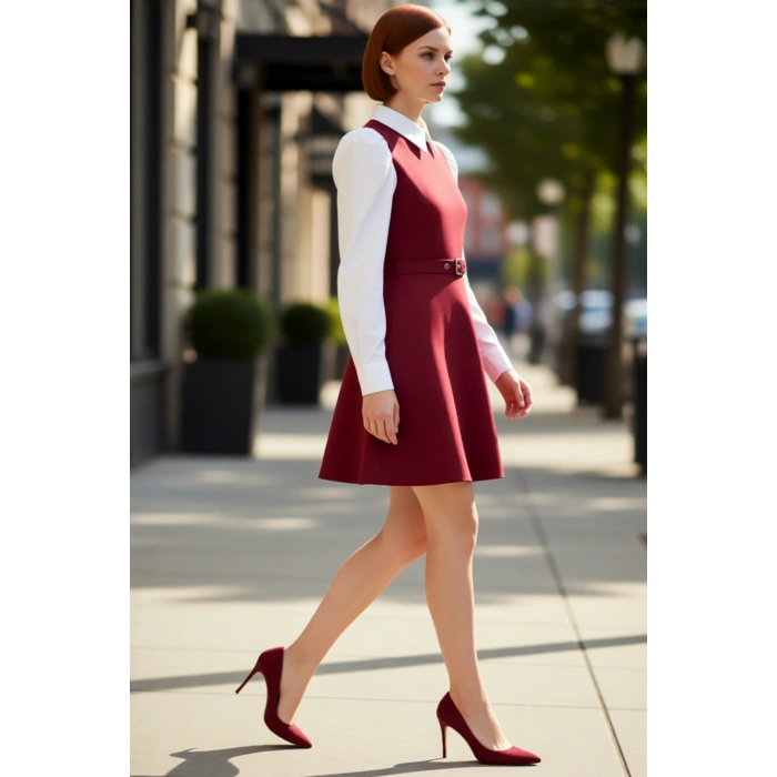 Kadın Mini Skater Balon Kol Detaylı Gömlek Yakalı Kemerli Dokuma Elbise Modern Ve Çekici Stil