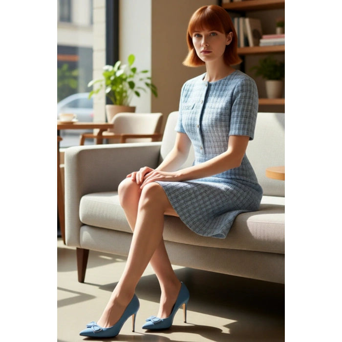 Kadın Mini Tüvit Dokuma Elbise Skater Kesim Bisiklet Yaka Kısa Kollu Zarif Ofis Stili Kaliteli