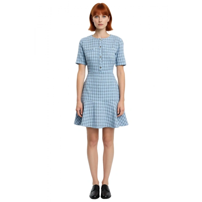 Kadın Mini Tüvit Dokuma Elbise Skater Kesim Bisiklet Yaka Kısa Kollu Zarif Ofis Stili Kaliteli