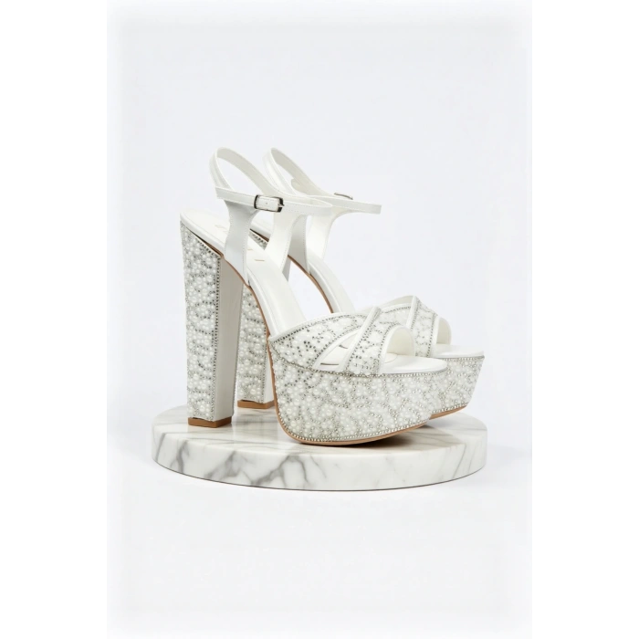Kadın Moda Ayna Full Inci Taşlı Çapraz Klasik Topuklu Platformlu Düğün Nişan Gece Abiye Ayakkabı