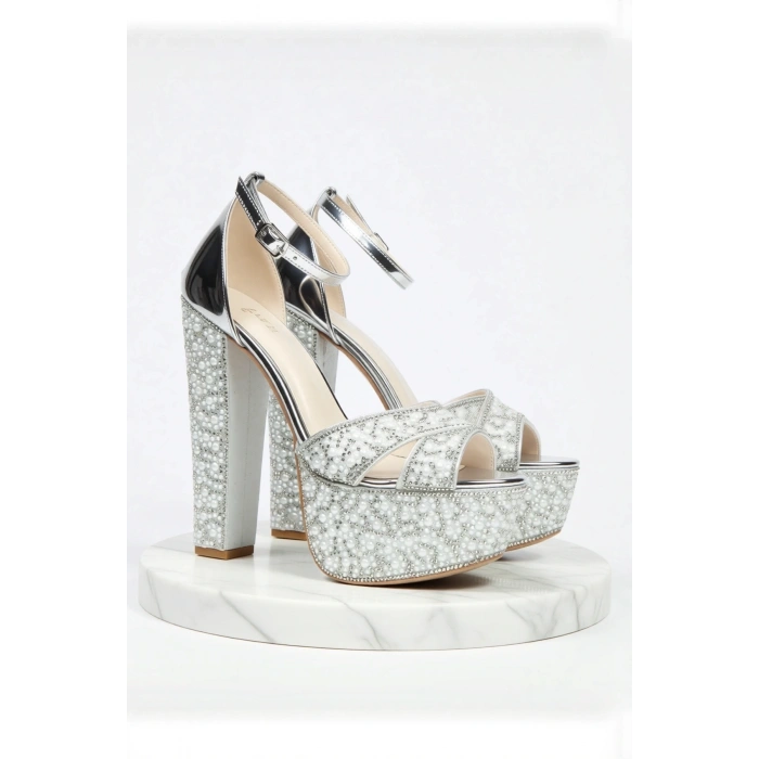 Kadın Moda Ayna Full Inci Taşlı Çapraz Klasik Topuklu Platformlu Düğün Nişan Gece Abiye Ayakkabı