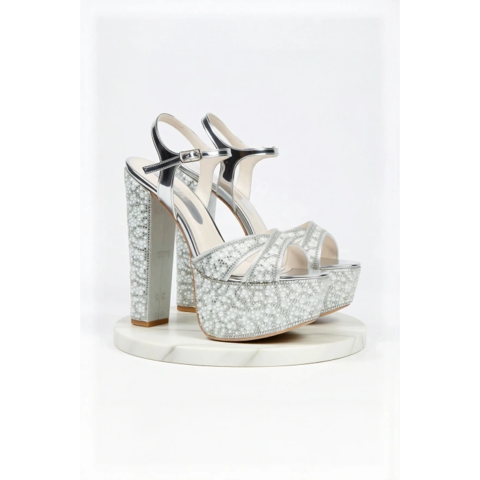 Kadın Moda Ayna Full Inci Taşlı Çapraz Klasik Topuklu Platformlu Düğün Nişan Gece Abiye Ayakkabı