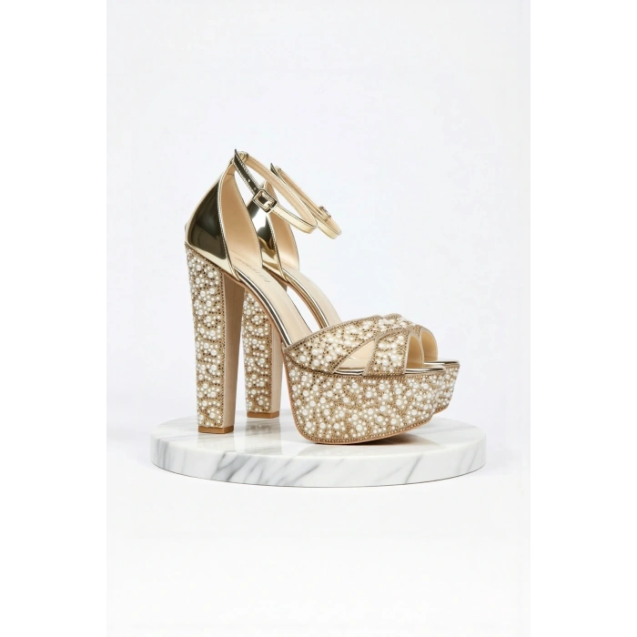 Kadın Moda Ayna Full Inci Taşlı Çapraz Klasik Topuklu Platformlu Düğün Nişan Gece Abiye Ayakkabı