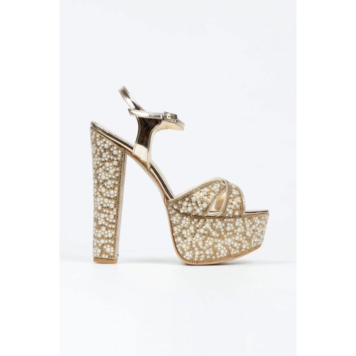 Kadın Moda Ayna Full Inci Taşlı Çapraz Klasik Topuklu Platformlu Düğün Nişan Gece Abiye Ayakkabı