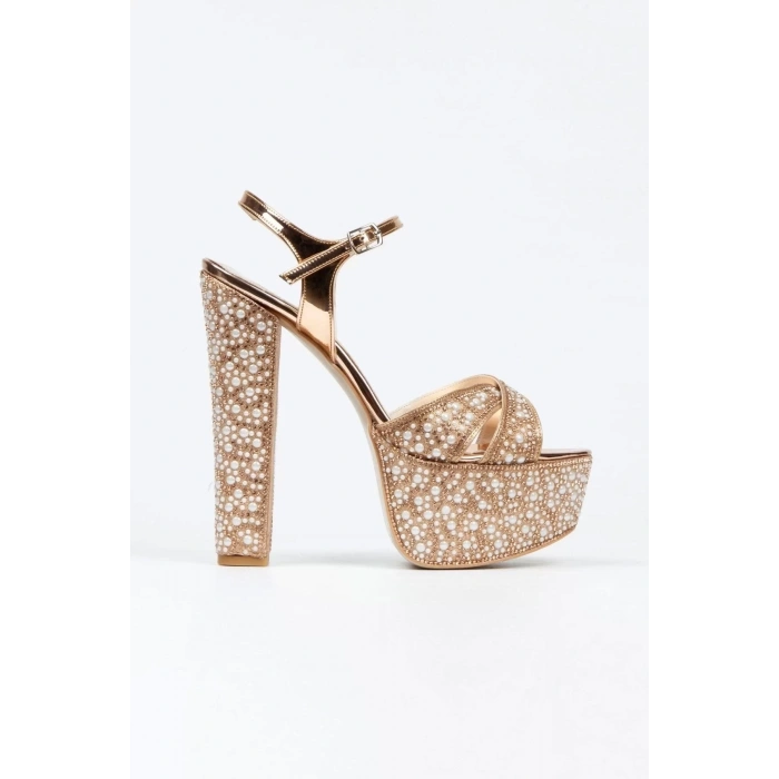 Kadın Moda Ayna Full Inci Taşlı Çapraz Klasik Topuklu Platformlu Düğün Nişan Gece Abiye Ayakkabı