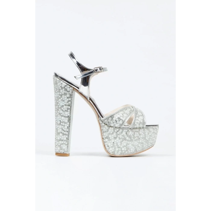 Kadın Moda Ayna Full Inci Taşlı Çapraz Klasik Topuklu Platformlu Düğün Nişan Gece Abiye Ayakkabı