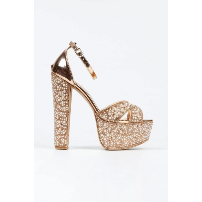 Kadın Moda Ayna Full Inci Taşlı Çapraz Klasik Topuklu Platformlu Düğün Nişan Gece Abiye Ayakkabı