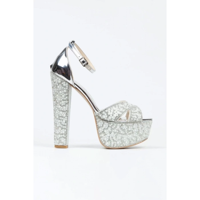 Kadın Moda Ayna Full Inci Taşlı Çapraz Klasik Topuklu Platformlu Düğün Nişan Gece Abiye Ayakkabı