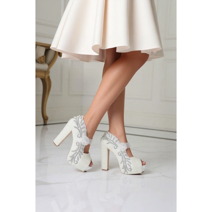 Kadın Moda Beyaz Sedef Inci Taş Işlemeli Gelin Ayakkabı Topuklu Düğün Nişan Gece Abiye Ayakkabı