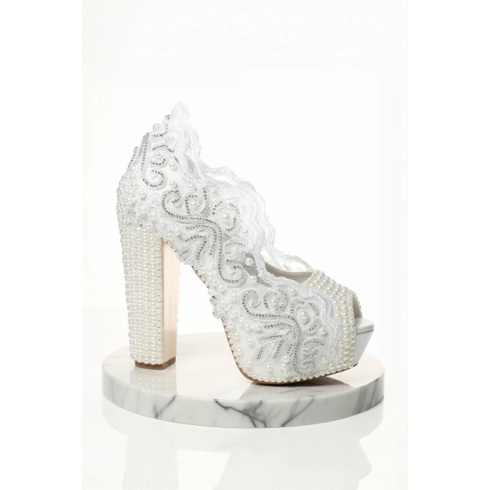 Kadın Moda Beyaz Sedef Inci Taş Işlemeli Gelin Ayakkabı Topuklu Düğün Nişan Gece Abiye Ayakkabı