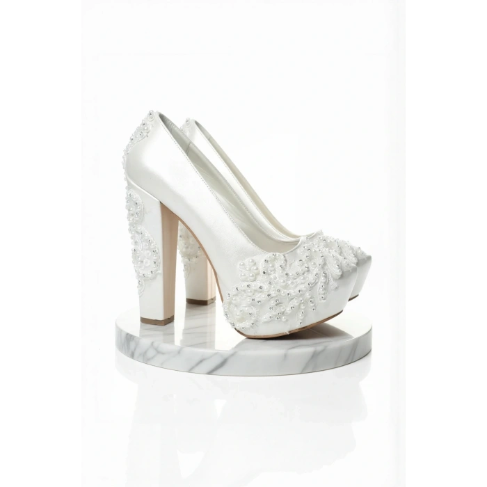 Kadın Moda Beyaz Sedef Inci Taş Işlemeli Gelin Ayakkabı Topuklu Düğün Nişan Gece Abiye Ayakkabı