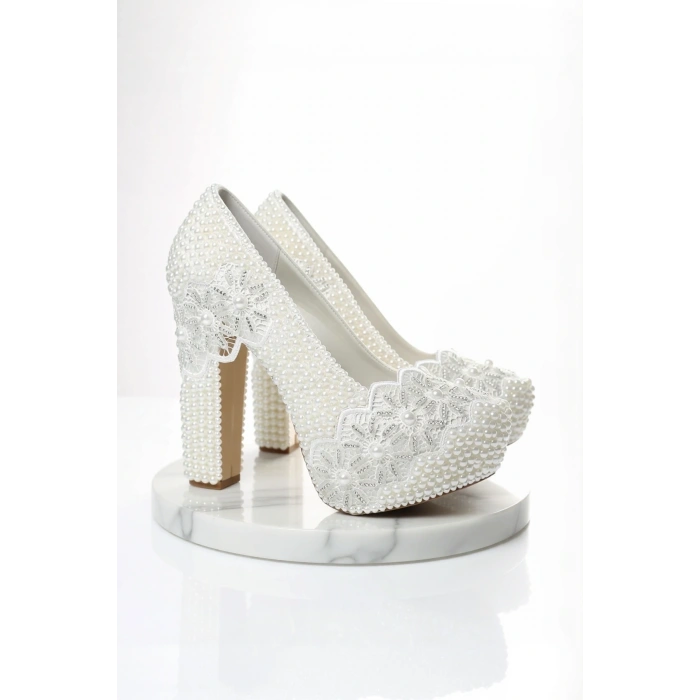 Kadın Moda Beyaz Sedef Inci Taş Işlemeli Gelin Ayakkabı Topuklu Düğün Nişan Gece Abiye Ayakkabı