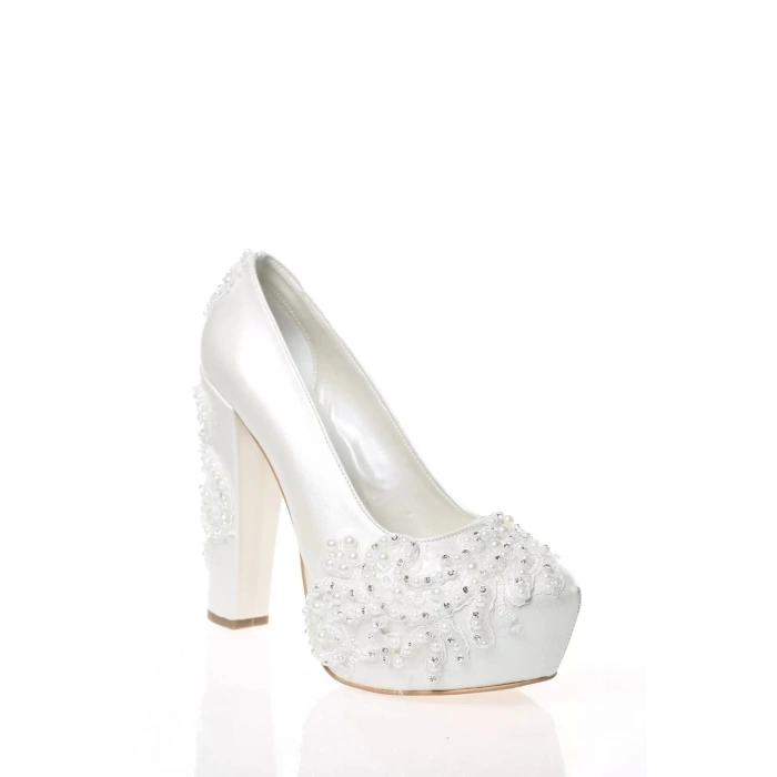 Kadın Moda Beyaz Sedef Inci Taş Işlemeli Gelin Ayakkabı Topuklu Düğün Nişan Gece Abiye Ayakkabı