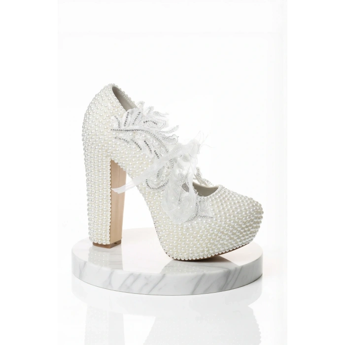 Kadın Moda Beyaz Sedef Inci Taş Işlemeli Gelin Ayakkabı Topuklu Düğün Nişan Gece Abiye Ayakkabı