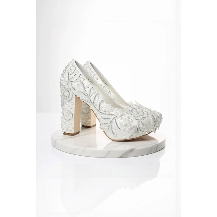 Kadın Moda Beyaz Sedef Inci Taş Işlemeli Gelin Ayakkabı Topuklu Düğün Nişan Gece Abiye Ayakkabı