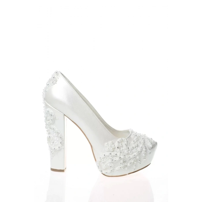 Kadın Moda Beyaz Sedef Inci Taş Işlemeli Gelin Ayakkabı Topuklu Düğün Nişan Gece Abiye Ayakkabı