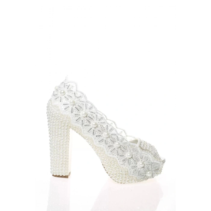 Kadın Moda Beyaz Sedef Inci Taş Işlemeli Gelin Ayakkabı Topuklu Düğün Nişan Gece Abiye Ayakkabı