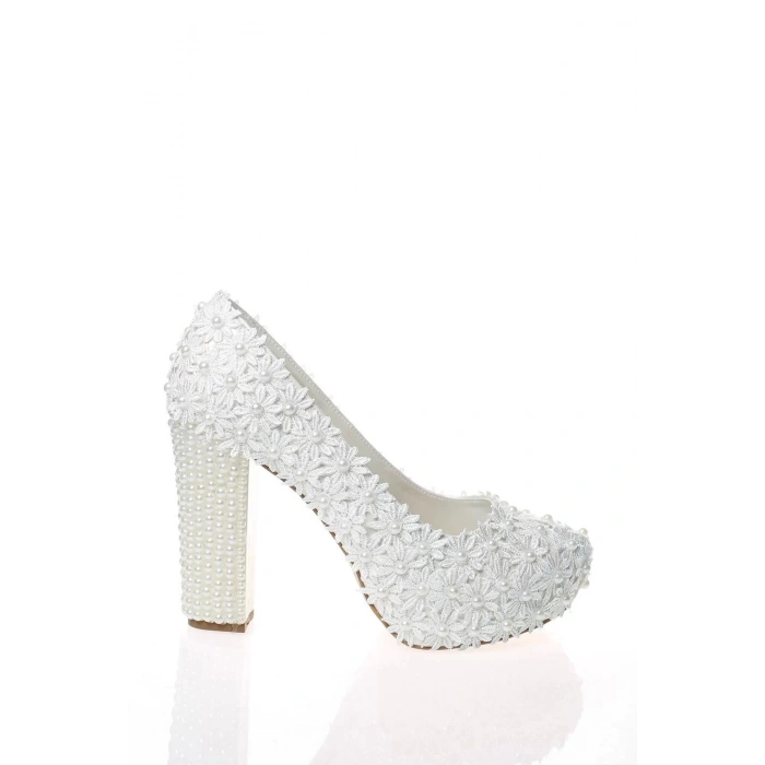 Kadın Moda Beyaz Sedef Inci Taş Işlemeli Gelin Ayakkabı Topuklu Düğün Nişan Gece Abiye Ayakkabı
