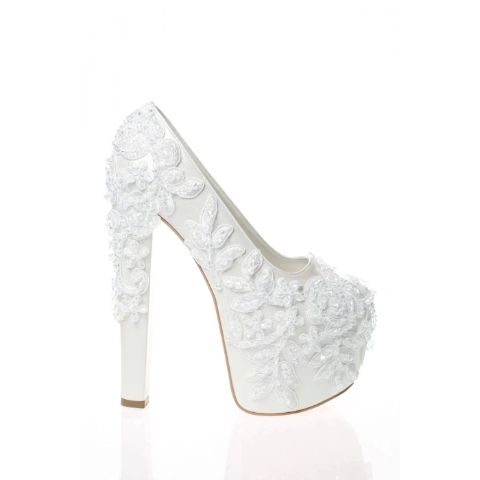 Kadın Moda Beyaz Sedef Inci Taş Işlemeli Gelin Ayakkabı Topuklu Düğün Nişan Gece Abiye Ayakkabı