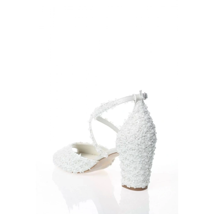 Kadın Moda Beyaz Sedef Inci Taş Işlemeli Gelin Ayakkabı Topuklu Düğün Nişan Gece Abiye Ayakkabı