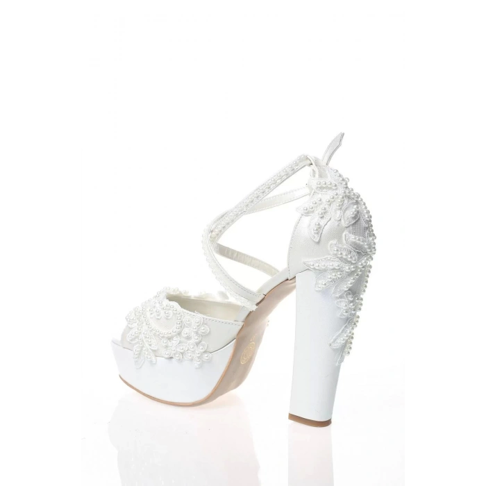 Kadın Moda Beyaz Sedef Inci Taş Işlemeli Gelin Ayakkabı Topuklu Düğün Nişan Gece Abiye Ayakkabı