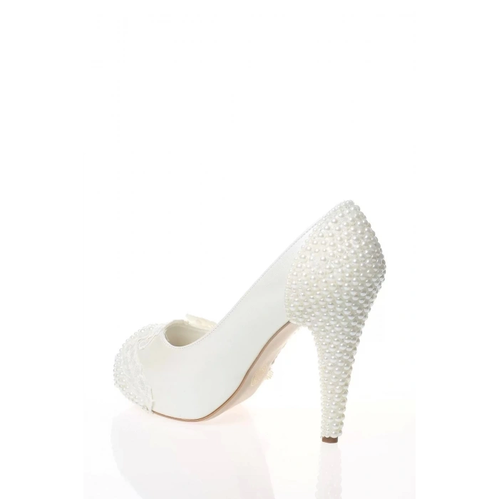 Kadın Moda Beyaz Sedef Inci Taş Işlemeli Gelin Ayakkabı Topuklu Düğün Nişan Gece Abiye Ayakkabısı
