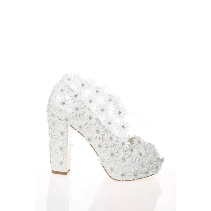 Kadın Moda Beyaz Sedef Inci Taş Işlemeli Gelin Ayakkabı Topuklu Düğün Nişan Gece Abiye Ayakkabısı