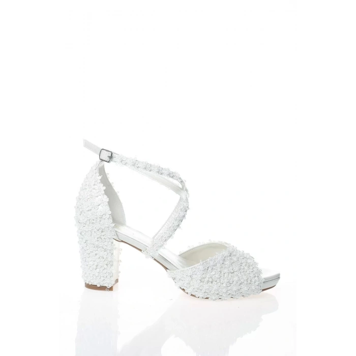 Kadın Moda Beyaz Sedef Inci Taş Işlemeli Gelin Ayakkabı Topuklu Düğün Nişan Gece Abiye Ayakkabısı
