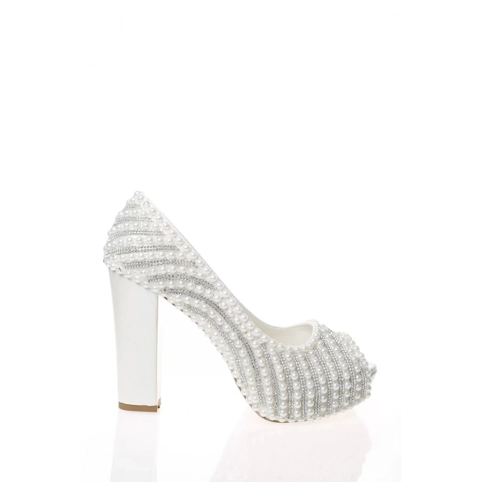Kadın Moda Beyaz Sedef Inci Taş Işlemeli Gelin Ayakkabı Topuklu Düğün Nişan Gece Abiye Ayakkabısı
