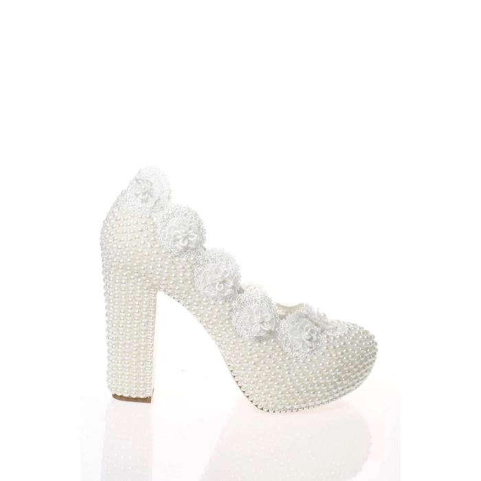 Kadın Moda Beyaz Sedef Inci Taş Işlemeli Gelin Ayakkabı Topuklu Düğün Nişan Gece Abiye Ayakkabısı