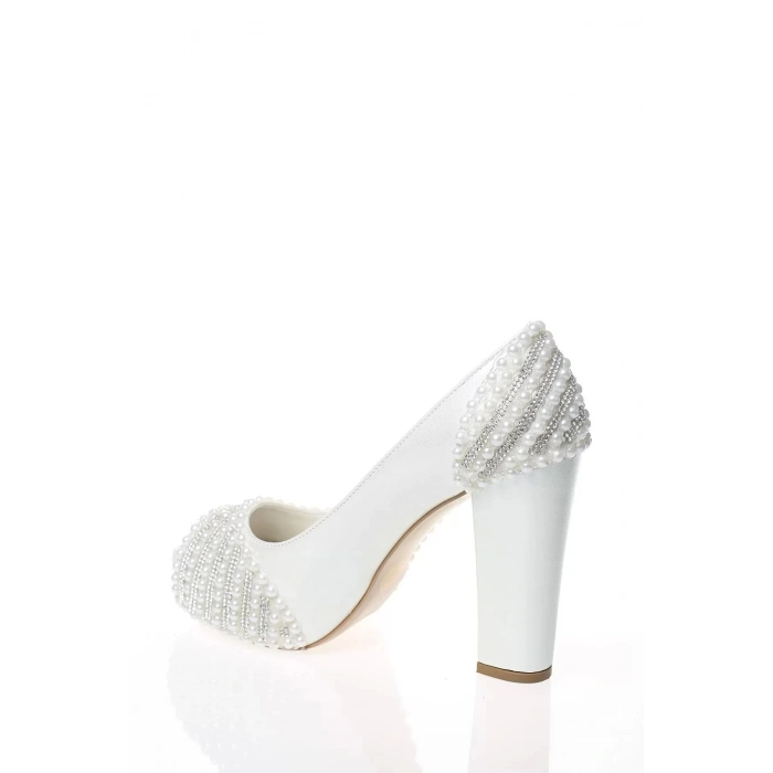 Kadın Moda Beyaz Sedef Inci Taş Işlemeli Gelin Ayakkabı Topuklu Düğün Nişan Gece Abiye Ayakkabısı