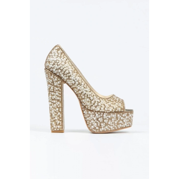 Kadın Moda Gold Sultan Full Inci Taşlı Klasik Köşe Kalıplı Kalın Düğün Nişan Gece Abiye Ayakkabısı