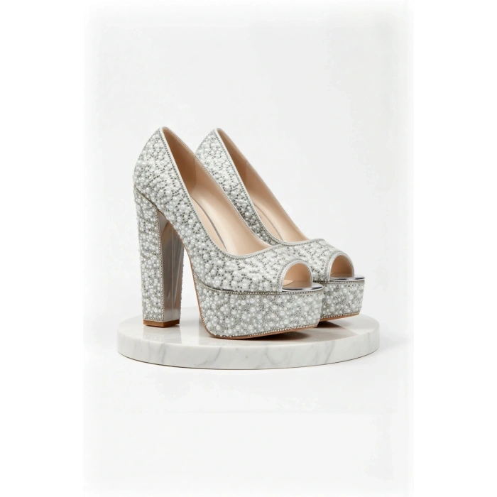 Kadın Moda Gold Sultan Full Inci Taşlı Klasik Köşe Kalıplı Kalın Düğün Nişan Gece Abiye Ayakkabısı