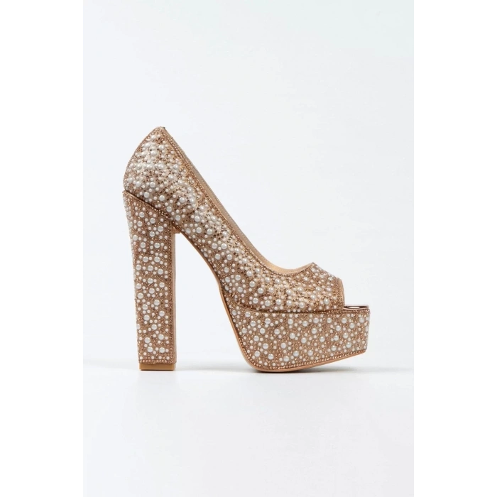 Kadın Moda Gold Sultan Full Inci Taşlı Klasik Köşe Kalıplı Kalın Düğün Nişan Gece Abiye Ayakkabısı