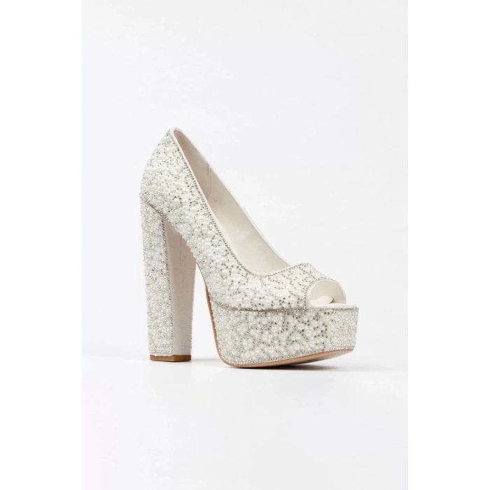 Kadın Moda Gold Sultan Full Inci Taşlı Klasik Köşe Kalıplı Kalın Düğün Nişan Gece Abiye Ayakkabısı