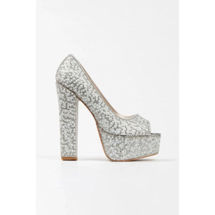 Kadın Moda Gold Sultan Full Inci Taşlı Klasik Köşe Kalıplı Kalın Düğün Nişan Gece Abiye Ayakkabısı