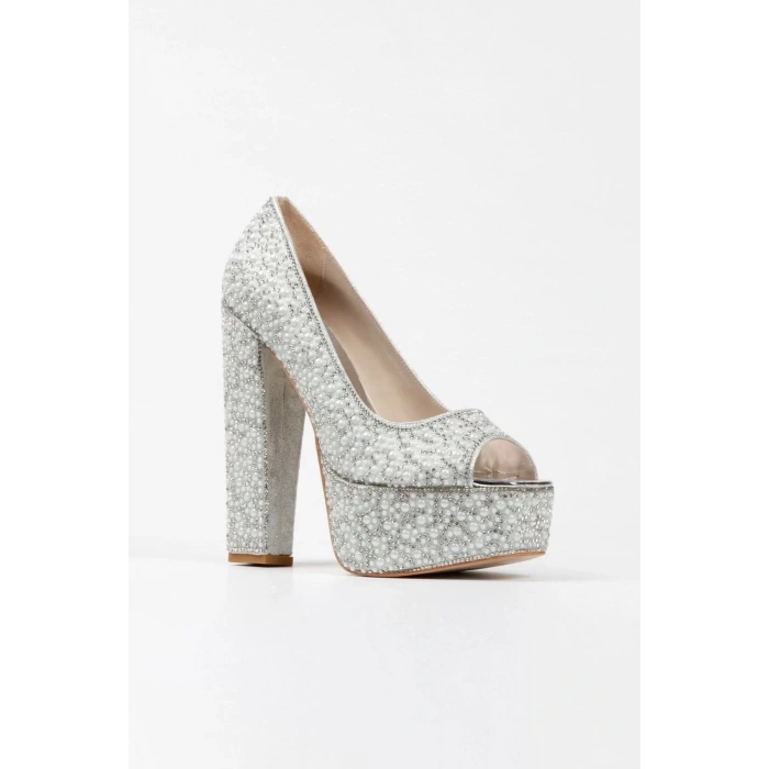 Kadın Moda Gold Sultan Full Inci Taşlı Klasik Köşe Kalıplı Kalın Düğün Nişan Gece Abiye Ayakkabısı