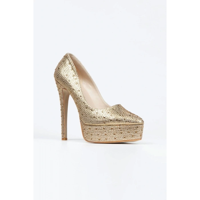 Kadın Moda Gold Sultan Taşlı Klasik Sivri Ince Topuklu Platformlu Düğün Nişan Gece Abiye Ayakkabı