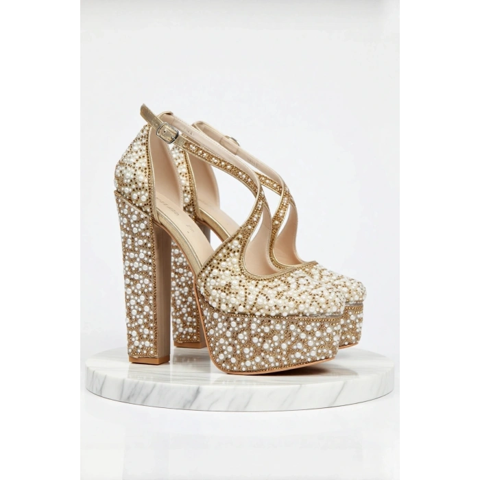 Kadın Moda Gümüş Ayna Full Inci Taşlı Klasik Köşe Kalıplı Kalın Düğün Nişan Gece Abiye Ayakkabısı