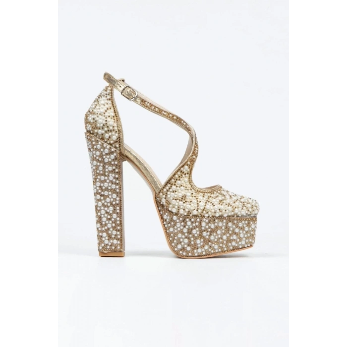 Kadın Moda Gümüş Ayna Full Inci Taşlı Klasik Köşe Kalıplı Kalın Düğün Nişan Gece Abiye Ayakkabısı