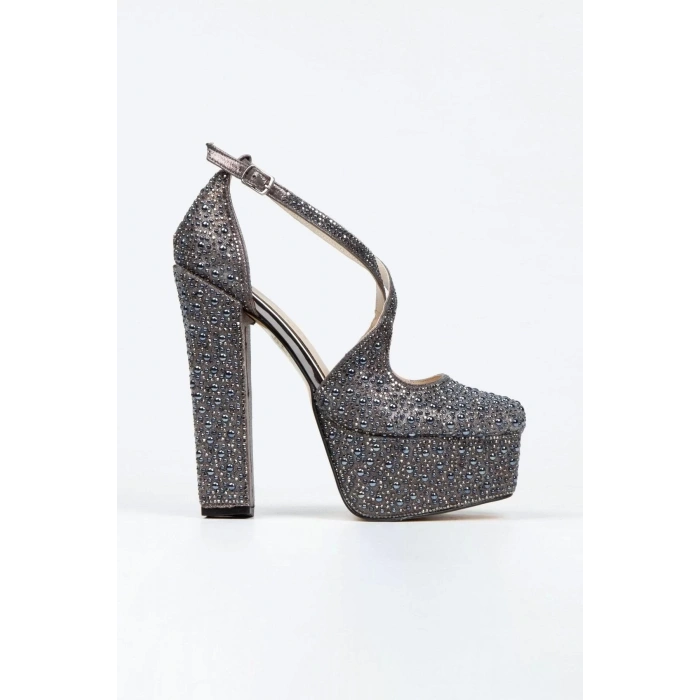 Kadın Moda Gümüş Ayna Full Inci Taşlı Klasik Köşe Kalıplı Kalın Düğün Nişan Gece Abiye Ayakkabısı