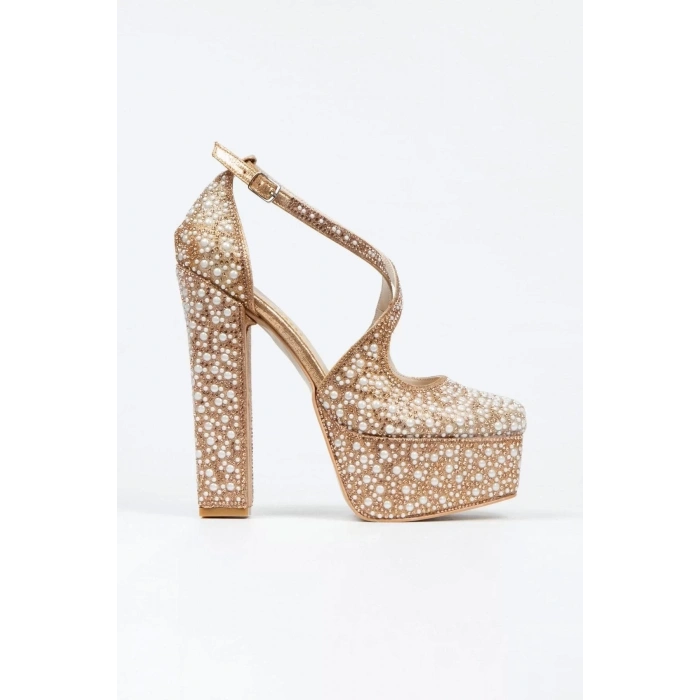 Kadın Moda Gümüş Ayna Full Inci Taşlı Klasik Köşe Kalıplı Kalın Düğün Nişan Gece Abiye Ayakkabısı