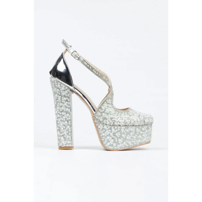 Kadın Moda Gümüş Ayna Full Inci Taşlı Klasik Köşe Kalıplı Kalın Düğün Nişan Gece Abiye Ayakkabısı