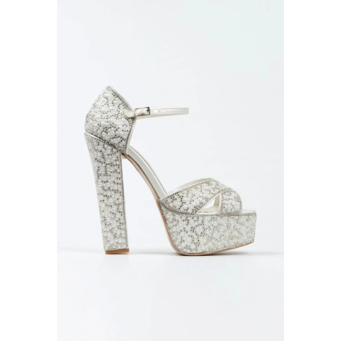 Kadın Moda Gümüş Sultan Full Inci Taşlı Klasik Köşe Kalıplı Kalın Düğün Nişan Gece Abiye Ayakkabısı