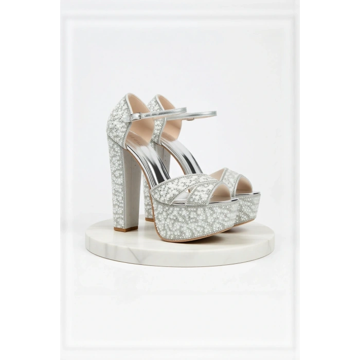 Kadın Moda Gümüş Sultan Full Inci Taşlı Klasik Köşe Kalıplı Kalın Düğün Nişan Gece Abiye Ayakkabı