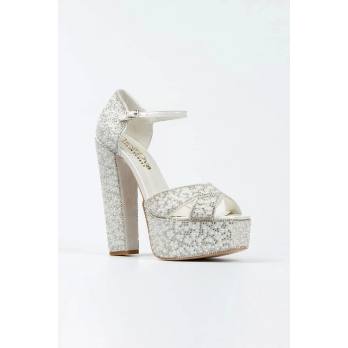 Kadın Moda Gümüş Sultan Full Inci Taşlı Klasik Köşe Kalıplı Kalın Düğün Nişan Gece Abiye Ayakkabı