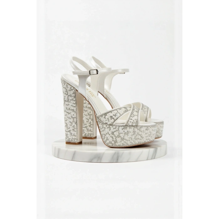 Kadın Moda Platin Ayna Full Inci Taşlı Klasik Köşe Kalıplı Kalın Düğün Nişan Gece Abiye Ayakkabı