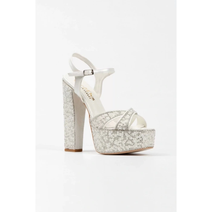 Kadın Moda Platin Ayna Full Inci Taşlı Klasik Köşe Kalıplı Kalın Düğün Nişan Gece Abiye Ayakkabı