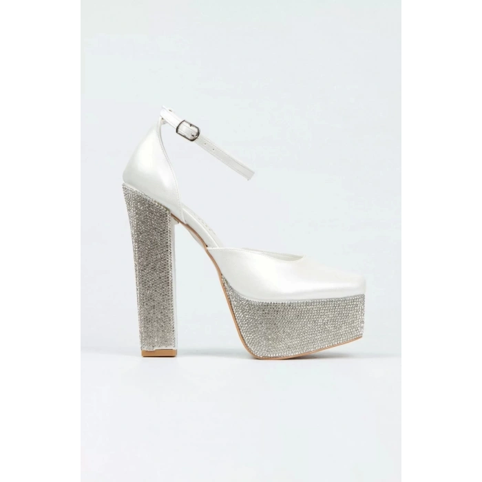 Kadın Moda Sedef Cilt Ökçe Poli Taşlı Klasik Köşe Kalıplı Kalın Düğün Nişan Gece Abiye Ayakkabısı