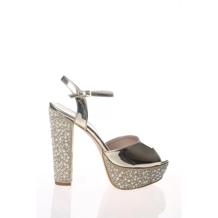 Kadın Moda Şık Altın Ayna Ökçe Poli İnci Topuklu Zarif Tasarım Düğün Nişan Gece Abiye Ayakkabı